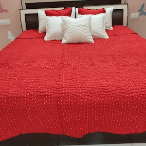 Red Kantha Quilt, Hand Stitched Cotton Quilt, Handmade Red Cotton Kantha Quilt, Boho Bedspread, Minimalist Boho Blanket, Lightweight Throw.