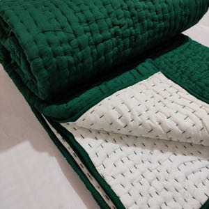 Dark Green Handmade Kantha Quilt, Reversible Cotton Blanket, Indian Boho Bedding, Hand Stitched Bedspread.