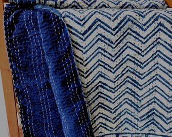 Artisanal Dabu Print Quilt, Reversible Solid Indigo Blue Side, Handcrafted Throw Blanket Home Decor.