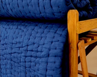 Indigo Blue Handmade Kantha Quilt, Indian Cotton Blanket, Minimal Boho Bedding, Queen Size Blanket.