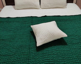 Dark-Green Handmade Kantha Quilt, White-Thread Boho Bedding Throw, Queen Size Quilt, Soft Cotton Blanket.
