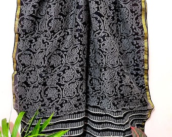 Cotton Chanderi Scarf, Black Floral Block Print Dupatta, Indian Lighweight Dupatta, Ethnic Women's Accessory.