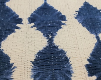Indigo Shibori Kantha Quilt Handmade Cotton Bedspread Reversible Hand Stitched Blanket for Home Decor