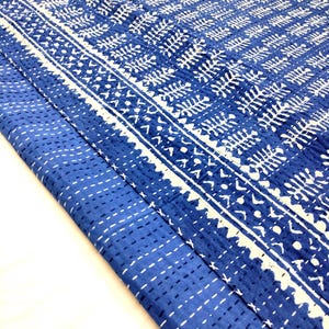 Handmade Indigo Kantha Quilt, Blue Block Print Bed Cover, Cotton Throw Blanket, Indian Bedding, Boho Ethnic Bedspread, Light Weight Bedcover