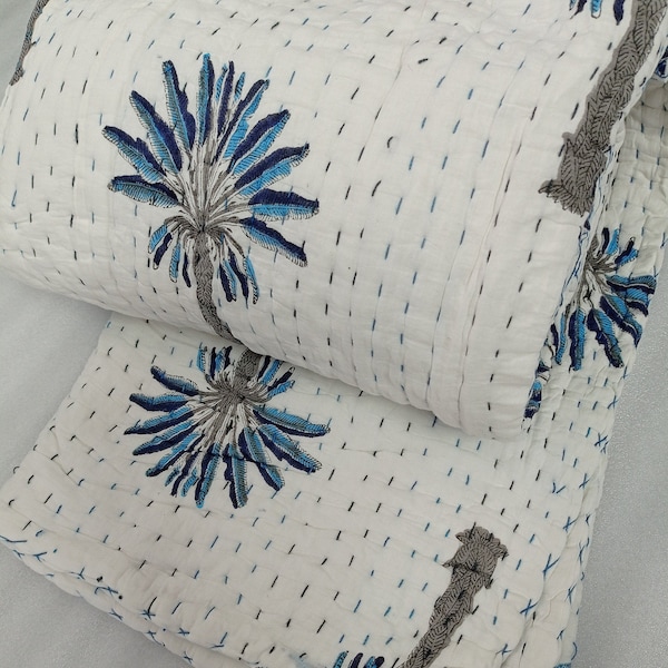 Édredon Kantha bleu palmier, couette Kantha faite main, jeté de dessus de lit Kantha pur coton, couette king-size lits jumeaux, tailles disponibles RAJ #033