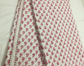 Paisley Print 100% Cotton Quilt, Handmade Block Print Kantha Quilt, Pure Cotton Kantha Bedspread , Sizes Available RAJ#221