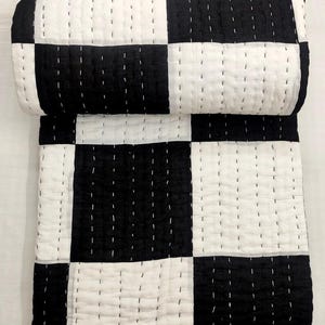 Black & White Patchwork Kantha Quilt, Handmade Cotton Blanket, Indian Boho Bedding, King Size Blanket.