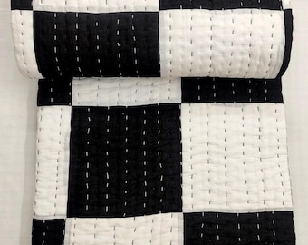 Black & White Patchwork Kantha Quilt, Handmade Cotton Blanket, Indian Boho Bedding, King Size Blanket.