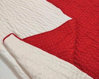 Handmade Red and White Reversible Kantha Quilt, Hand Stitched Cotton Blanket, King Size Quilt.