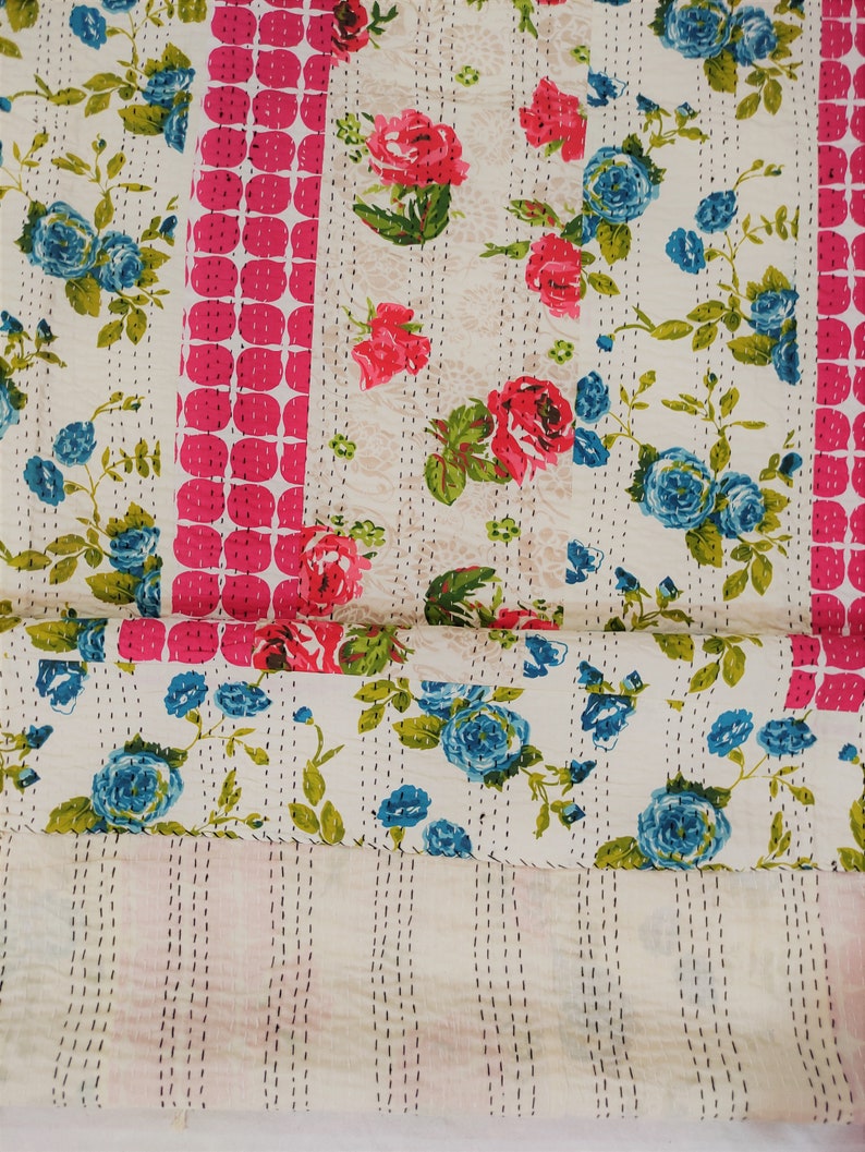 Hand Stitched Kantha Bedcover Cotton Kantha Throw Hand Block image 1