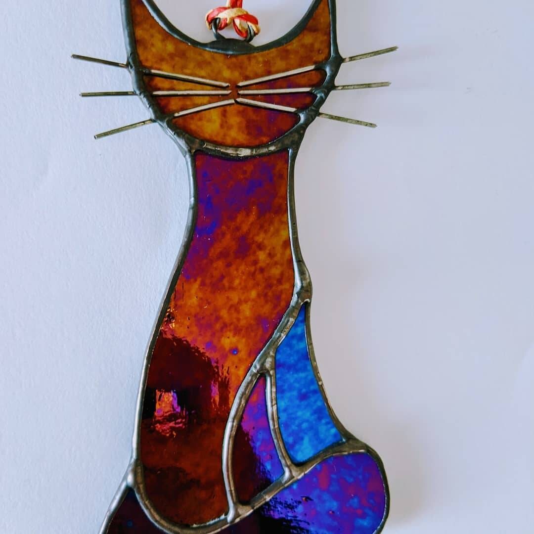 Stained glass iridescent cat glass cat stained glass cat Etsy