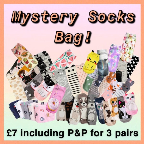 Socks Mystery Bag - cute, novelty, kawaii socks, ankle, low ankle socks, animal, cat dog socks, food socks, colourful, patterned, gift idea