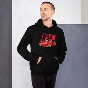 May include: Black hoodie with a red graphic of a red Nissan Skyline R34 car with the text "SKYLINE R34" in white.
