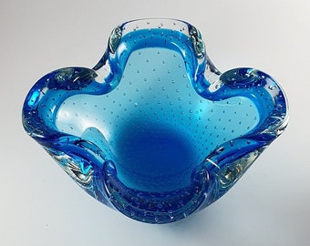 Murano Vintage Glass Bowl Archimede Seguso 'Controlled Bubbles' Pleated Rim Bowl 16cm diameter Blue