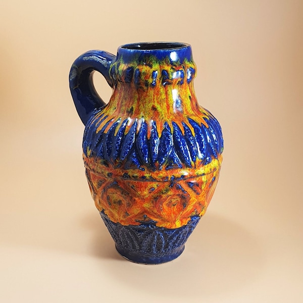 Bodo Mans Bay Keramik Vase No. 9517 in Blau Gelb Orange Mid Century