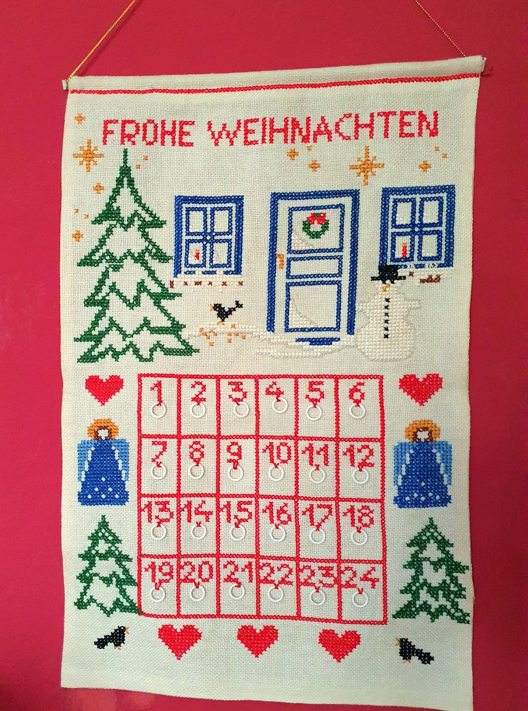 Vintage Advent Calendar Wall Hanging With 24 Rings, Fabric Picture, Christmas, Hand Embroidered