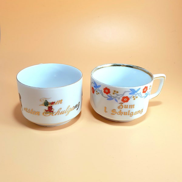 Children's cup porcelain cup vintage marked, motif: back to school, first grade, first grader, collector's item
