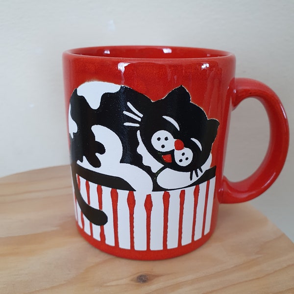 Waechtersbach Becher, mug, Vintage, rot, Motiv: Katze, 70er, Seventies, sehr gut erhalten und sehr selten, sammelwürdig!