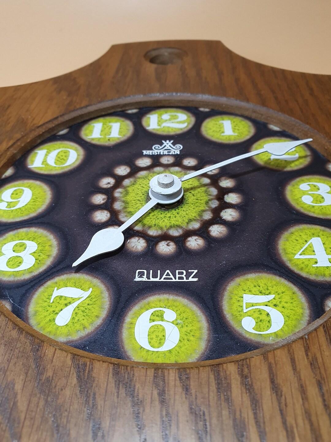 Wall Clock, 70s, Junghans, Ceramic Clock Brown Green With Solid Wood