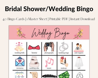 以下が含まれることがあります： 結婚式に関連するアイテムを描いた、ピンクと白のビンゴカード。結婚式の鐘、ケーキの飾り、ウェディングドレスなどがあります。カードには「Wedding Bingo」というタイトルと「40 Bingo Cards | Master Sheet | Printable PDF | Instant Download」というテキストが書かれています。