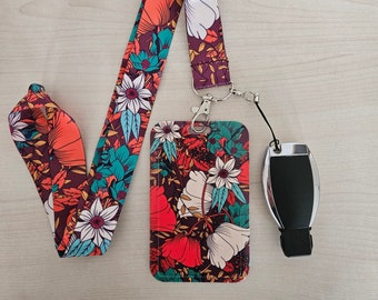 Lanyard with Badge Holder for Teachers, Floral Pattern Strap Neck with Matching Card Holder for Car Keys, ID Cards, Key Fob and Earphones