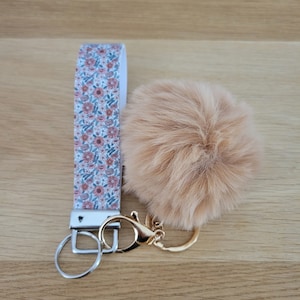 Faux Leather Wristlet Keychain, Wrist Lanyard, Colorful Pattern Keychain, Wrist Strap, Floral Pattern Wristlet with Pom Pom Keychain