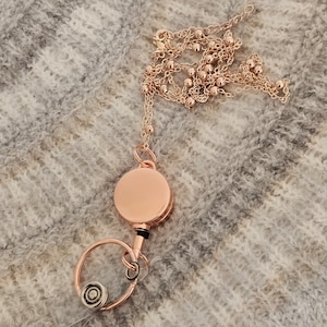 Necklace Lanyard and ID Badge Holder with Retractable Badge Reel, Stainless Steel Satellite Long Chain Rose Gold Necklace, Office Accessory