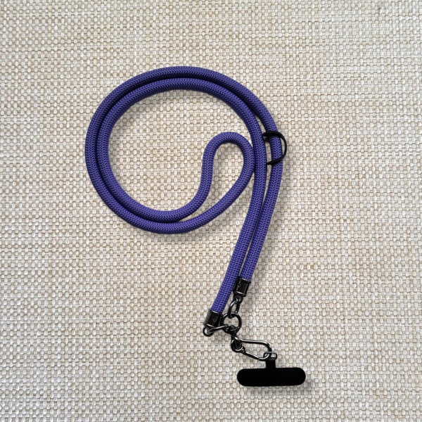 Purple Crossbody Cell Phone Lanyard, Adjustable Neck Strap With Phone Patch, Sliding Leather Patch for Car Keys, USB, Key Fob and Earphones