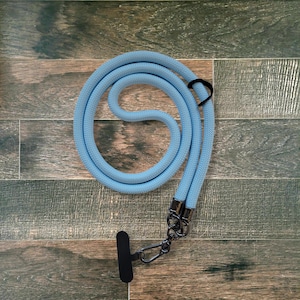 Blue Crossbody Cell Phone Lanyard, Adjustable Neck Strap With Phone Patch, Sliding Leather Patch for Car Keys, USB, Key Fob and Earphones