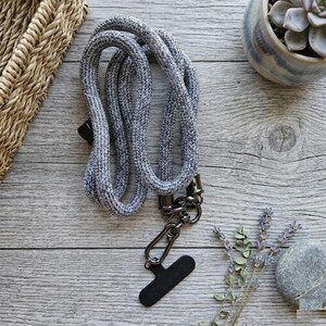 Universal Crossbody Phone Lanyard with Carabiner & Connection Patch, Grey Marl 10mm Rope Phone Sling