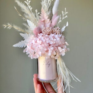 Personalised Pink Dried preserved flowers as mini everlasting floral gift arrangements as wedding bomboniere, wedding favors, party favors.