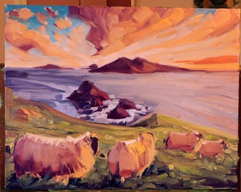 Blasket Islands Sunset Oil Painting: Irish Landscape with Sheep