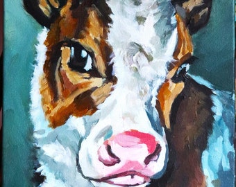 Original Calf Painting: Adorable Cow Acrylic Art (12x8 inch)