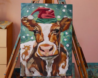 Santa Cow Painting: Festive Christmas Acrylic Wall Art (10x14 inch)