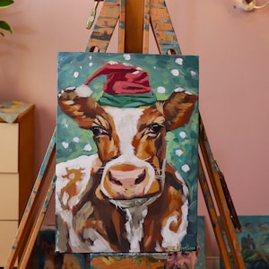 Udderly Adorable: Santa Cow Painting, Festive Holiday Wall Art, Cow Christmas Wall Art