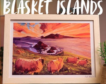 Irish Landscape Art Print | Blasket Islands Kerry | Coastal Sunset Wall Art | Framed A4 Decor