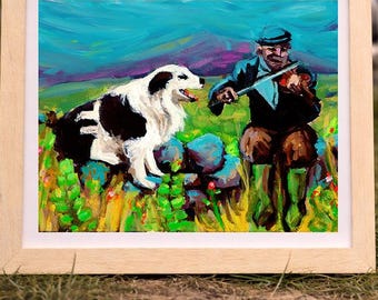 Irish Fiddler and Dog Painting Print – Farmer, Music, Country Decor (A4 Framed)