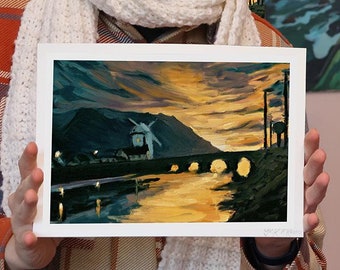 Impression acrylique sur moulin à vent irlandais coucher de soleil : oeuvre d'art murale paysage de Tralee