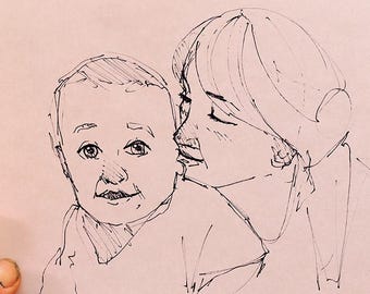 Minimalist Mother & Baby Portrait | Mother's day Drawing | Expressive Ink Drawing | Hand Drawn Family Artwork |
