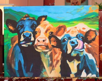 Three moo-skteers painting - Cow artwork ready to hang - 12 x 16 inch canvas print