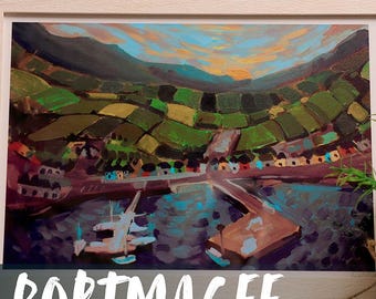 Portmagee Harbour Print | Irish Coastal Village Wall Art | Kerry Landscape Painting A4 Framed