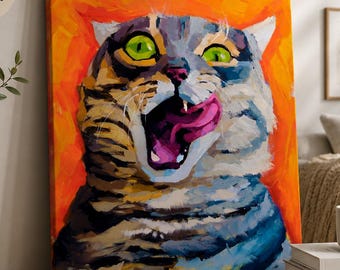 Crazy Kitty Painting | Colorful Tabby Cat Wall Art, Vibrant canvas print, 12 x 16 inch