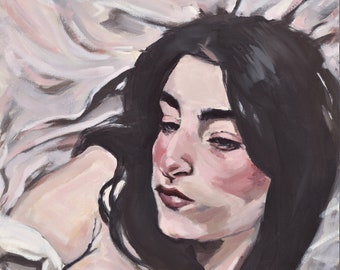 Dark haired woman painting on canvas fine art acrylic painting