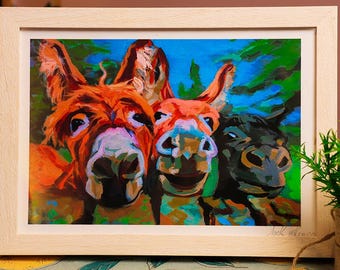 Three Amigos Donkey Print | Colourful Irish Farm Animal Wall Art (A4 Framed)