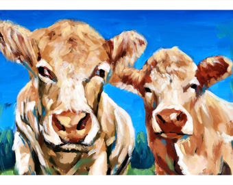 Irish Cows Giclee Print: Colorful Farm Animal Art