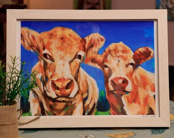 Funny Cow Art Print | Irish Farm Animal Wall Art | A4 Framed Rustic Home Decor
