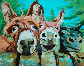 The Laughing Asses - Buntes Esel Gemälde |lächelndes Esel Trio | Lebendige handgemalte Kunst | "Tierfreunde"