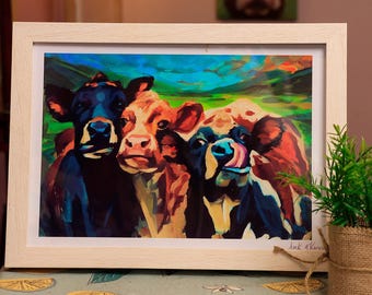 Three Moo-skteers - Funny Irish cow print, Original art from Ireland, A4 Framed print