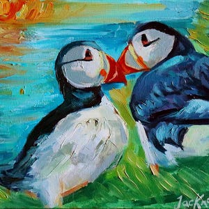 Irish puffins painting, original Irish artwork, landscape painting, Irish birds Skellig Michael.