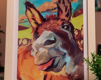 Cheeky Donkey Art Print | Colourful Irish Farm Animal Wall Art (A4 Framed)